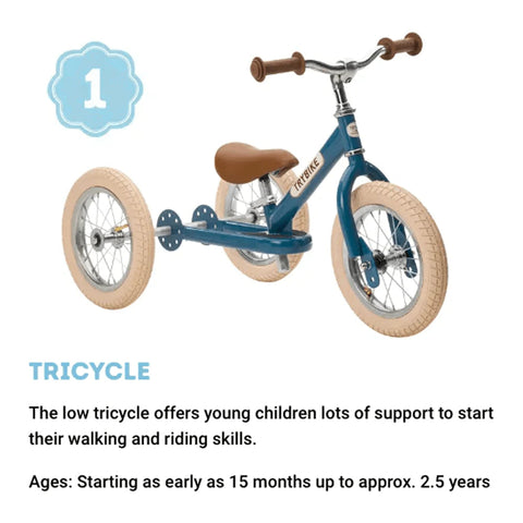 A steel grey tricycle with beige tires and a brown seat is displayed. The text reads: "TRYBIKE - STEEL GREY. This low tricycle from TryBike offers young children lots of support for learning to ride and developing their walking skills. Suitable for children ages: starting as early as 15 months up to approx. 2.5 years.