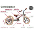 Check out this infographic showcasing the TryBike's Steel Grey balance bike, perfect for children learning to ride. It highlights the bike's numerous benefits: adjustable seat height, customizable design stickers, an innovative control disc, a small turning radius, easy assembly process, a distinctive footrest, wide pneumatic tires for better stability, a low center of gravity for safety, options for front or rear wheel configuration, and smooth-running wheels.