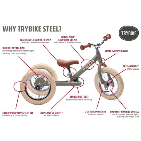 Infographic of a vintage red TryBike Steel 2-in-1 tricycle balance bike by TryBike with beige wheels and seat. Highlights include adjustable seat height, unique control disc, small turning radius, easy assembly, extra-wide pneumatic tyres, low center of gravity, footrest, and smoothly running wheels—perfect for learning to ride.