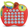 The VTech Alphabet Apple by Vtech is a vibrant, apple-shaped interactive learning toy for children. It features numerous buttons displaying letters of the alphabet, each paired with an image and word. It also plays phonics sounds to aid in learning. The top boasts a clock face with numbers and a cheerful blue character, and it has a green handle for easy portability.