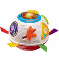 The VTech Crawl and Learn Bright Lights Ball by Vtech is a colorful, interactive learning toy shaped like a dome. It features various buttons, lights, and characters designed to enhance motor skills development. The toy includes numbers 1 through 3, various animal figures, and several brightly colored tags sticking out from its base.