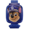 The Vtech Paw Patrol Chase Learning Watch is a blue children's watch featuring a plastic cover with an image of Chase, the cartoon dog from Paw Patrol, wearing a police hat. The character has brown fur, a blue uniform, and is smiling. The strap of the Vtech Paw Patrol Chase Learning Watch is also blue with the word "PAW" embossed at the base.