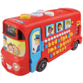 The VTech Playtime Bus with Phonics by VTech is a vibrant red toy bus accented with blue, designed to teach the alphabet and phonics. Adorned with cartoon characters on its sides, it features large buttons on the roof and alphabet keys along the side, complete with illustrations of children and a bus driver.