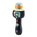 The VTech Singing Sounds Microphone is a sleek, black handheld electronic device that resembles a microphone. It features a colorful control panel with buttons and icons, a silver mesh head, and a yellow accent between the mic head and the handle. The microphone includes Bluetooth music player capabilities and voice-changing effects, with the brand name "VTech" visible at the bottom of the handle.