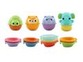 Introducing the Vtech Stack & Splash Bathtime Boats, a delightful set of colorful stacking and nesting toys designed by Vtech. This engaging playset features animal-themed containers, including an adorable elephant squirter. The top row showcases a green turtle, an orange lion, a purple hippo, and a teal elephant. The bottom row presents vibrant animal cups paired with stacking rings in shades of blue, orange, green, and yellow.