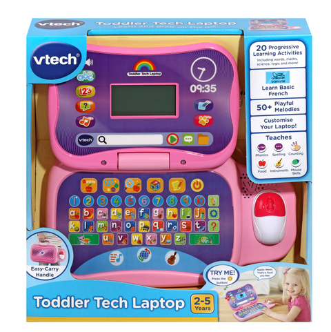 Image depicts the packaging of the VTech Toddler Tech Laptop Pink by Vtech. This pre-school laptop features a purple and pink color scheme, colorful buttons on its full keyboard, a screen, and a detachable pink and white mouse. The box indicates it is suitable for ages 2-5 years and promotes key features including 20 learning activities designed to foster early computer skills.