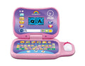 The Vtech Toddler Tech Laptop Pink is a pre-school laptop designed for toddlers, featuring a colorful keyboard and screen. The display shows various icons, a digital clock set to 09:35, and random pixelated images. The keyboard includes letters, numbers, and symbols. A small mouse is attached to the side to encourage early computer skills.