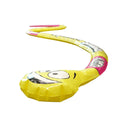 The Wahu Splash 'N Snake by Wahu is an inflatable, yellow, snake-like kids sprinkler toy adorned with large cartoon eyes and an open mouth. The tail end of the Splash 'N Snake is pink, and the body features various cartoon designs. This flexible toy is perfect for outdoor water play or pool use.