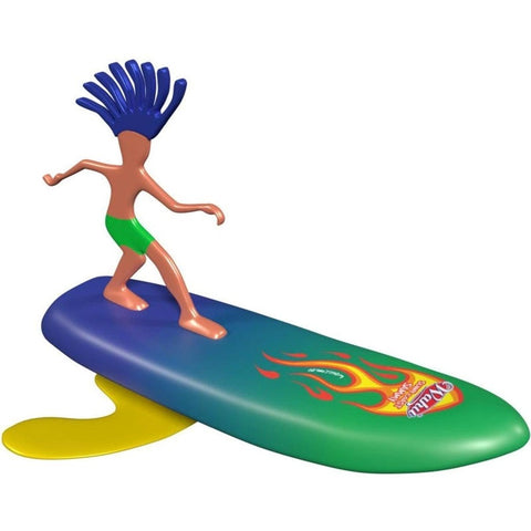 A dynamic figure with spiky blue hair and green swim trunks is showcased on a vibrant surfboard featuring flame motifs and the name "Jax" prominently displayed at the front. The Wahu Surfer Dude - Sunny Coast Sammy effortlessly rides the waves on its unsinkable foam board, which boasts two fins, one yellow and one blue.