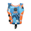 A vibrant Wahu Swim Vest Child Medium (25-30kg), featuring a blue, orange, and black abstract design. Ideal for kids learning to swim, it comes with adjustable black buckles on the side and a strap at the bottom for secure fastening. The vest is branded with the name "Wahu" and includes an emblem of a hand making a "shaka" gesture on the chest.