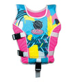 The Wahu Swim Vest Child Small (15-25kg) - Pink/Yellow is a colorful kids' swim vest with a vibrant design featuring blue, yellow, pink, and black patterns. It has three black buckles and a white strap system for securing. The brand "Wahu" is printed on the front alongside a hand gesture graphic, ensuring fun and safety in one buoyancy aid.