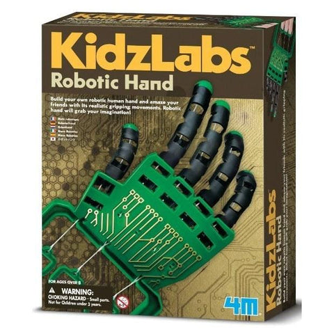 The image shows a 4M KidzLabs - Robotic Hand kit box, featuring a depiction of a green robotic human hand with visible mechanical details. The text on the box emphasizes that it enables children to construct their own robotic hand with realistic gripping movements. Suitable for ages 8 and up, by 4M.