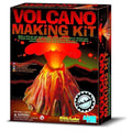 The image shows the packaging for a "4M KidzLabs - Volcano Making Kit" by 4M, ideal for a DIY volcano science project. The box displays an erupting volcano with lava and includes a warning label about small parts for children ages 8 and up. The kit enables you to create a 9.5 cm tall model volcano.