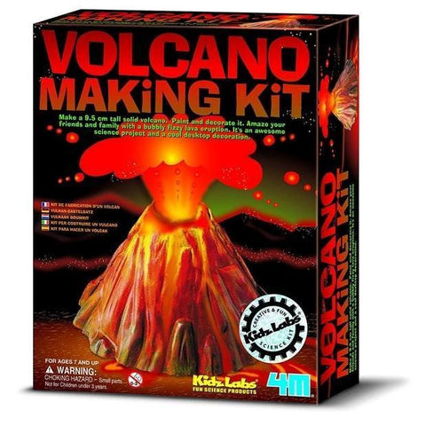 The image shows the packaging for a "4M KidzLabs - Volcano Making Kit" by 4M, ideal for a DIY volcano science project. The box displays an erupting volcano with lava and includes a warning label about small parts for children ages 8 and up. The kit enables you to create a 9.5 cm tall model volcano.