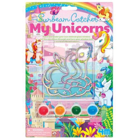 The 4M Sunbeam Catcher - My Unicorns by 4M craft kit offers a vibrant and colorful experience. It includes a unicorn-shaped sun catcher, four lively paint colors—red, yellow, green, and blue—in convenient pots, along with a paintbrush. The packaging is adorned with bright illustrations of unicorns, rainbows, and castles.