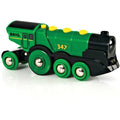 The Brio World Big Green Action Locomotive is a charming green wooden toy steam locomotive, featuring the number 347 displayed in yellow on its side. This delightful train is detailed with black and yellow accents, has six wheels, and proudly displays the "BRIO" brand name near the front.