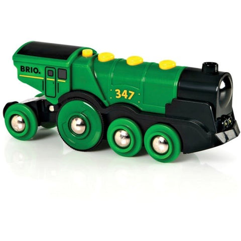 The Brio World Big Green Action Locomotive is a charming green wooden toy steam locomotive, featuring the number 347 displayed in yellow on its side. This delightful train is detailed with black and yellow accents, has six wheels, and proudly displays the "BRIO" brand name near the front.