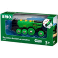 In its packaging, the Brio World Big Green Action Locomotive is a vibrant toy train featuring a green body with yellow accents. The box prominently displays "Brio Big Green Action Locomotive" along with "Powered." Sporting the number "347" on its side, this charming train is designed for children aged 3 and up.