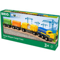 The Brio World Three Wagon Cargo Train set by Brio includes a yellow and blue engine, a flatbed wagon with a yellow cargo container, a tanker car, and a green cargo wagon. Compatible with wooden train tracks, this set is perfect for children aged 3 and older.