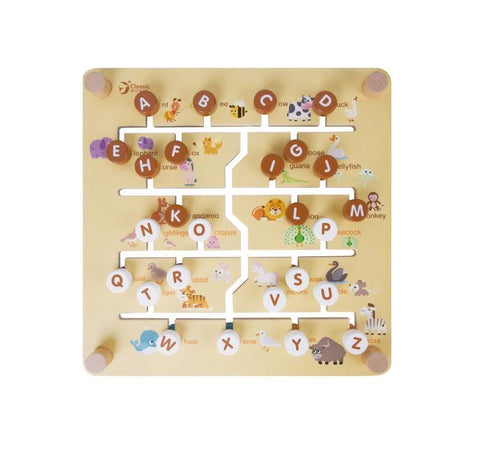 The Classic World 2 in 1 Pathfinder by Classic World is an educational toy that features a wooden alphabet maze puzzle with letters A to Z, each accompanied by illustrations of animals or objects. It includes brown knobs to help navigate the movable letter discs along multiple tracks, promoting learning and enhancing fine motor skills in young children.