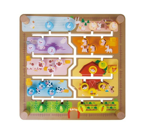 The Classic World 2 in 1 Pathfinder by Classic World is a colorful, educational toy featuring a wooden farm-themed maze with various farm animals and scenes, including cows, pigs, sheep, ducks, farmers, and a red barn. The white paths allow children to move pieces around like an Animal Pathfinder. The square board has rounded corners and sturdy wooden pegs.