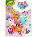 Cover of Crayola Colouring Book - Uni Creatures by Crayola, showcasing colorful illustrations of whimsical animals such as a unicorn, giraffe, and elephant in a hot air balloon. The background is adorned with rainbows and stars. This engaging kids activity book contains 96 pages and includes a fun sticker sheet.