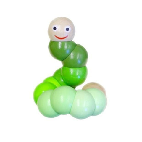 The Discoveroo Bendy Caterpillar by Discoveroo is a charming wooden baby toy, featuring interconnected beads in various shades of green forming a smiling caterpillar. Ideal as a baby gift, it aids in building coordination with its simple yet engaging design. The product image displays the Bendy Caterpillar set against a clean white background.