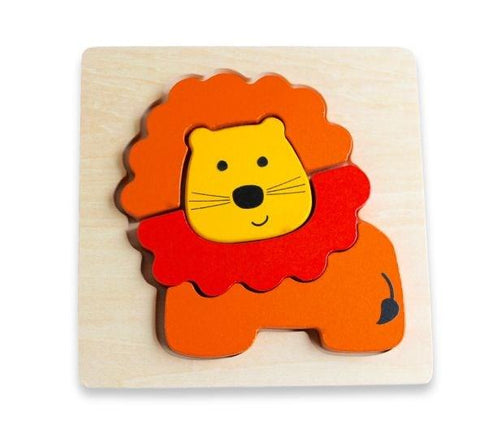 The Discoveroo Chunky Puzzle - Lion by Discoveroo is a vibrant wooden puzzle displaying an adorable, cartoon-like lion with a yellow face, orange mane, and orange body. The puzzle pieces are set on a light wood base. The lion’s friendly and playful facial expression makes this chunky puzzle ideal for fans of animal-themed puzzles.