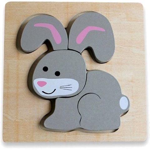 The Discoveroo Chunky Puzzle - Rabbit by Discoveroo is a delightful wooden puzzle featuring a cartoon gray rabbit with pink ears, a white-tipped tail, black eyes, a pink nose, and white whiskers. The animal-themed puzzle includes pieces that fit perfectly within a square wooden frame.