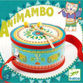 The Djeco Animambo Drum from DJECO is a vibrant and colorful children's drum, equipped with a red strap and two drumsticks. Adorned with lively animal and floral patterns, this double-sided drum features an illustrated cat playing a drum in the background. It is part of the delightful Animambo series by Djeco, recommended for children aged 2 and up, making it an ideal educational toy gift.