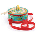 Introducing the Djeco Animambo Drum by DJECO: a colorful, double-sided toy drum with a vibrant, patterned design featuring animals and geometric shapes. This delightful musical toy comes with a red carrying strap and includes two wooden drumsticks with yellow ends, making it an excellent educational gift for children.