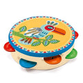 The Djeco Animambo Tambourine by DJECO is a colorful first-time instrument featuring a vibrant, stylized bird perched on a branch against a yellow background. Crafted from birch wood, it has a blue rim with jingles in red, green, orange, and blue. The design includes intricate leaf patterns and playful details.