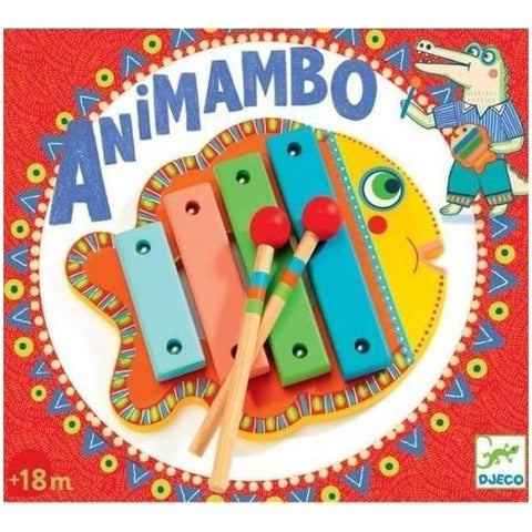 A vibrant Djeco Animambo Xylophone sits on a bright circular background. It features five colorful bars and two mallets with red tops. The playful packaging, adorned with illustrations, proudly displays "Animambo" and "DJECO," making it an eye-catching toy musical instrument.