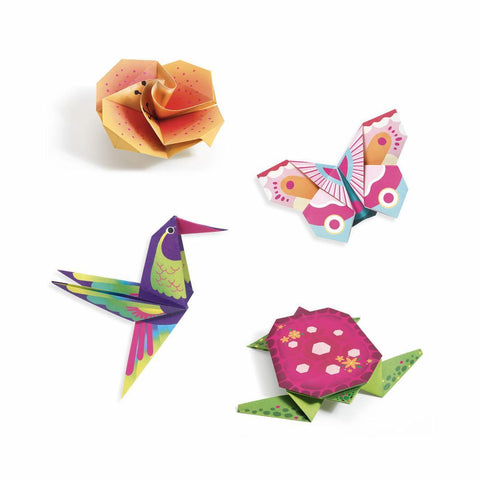 An array of colorful origami creations, set against a white background, includes an orange flower, a multicolored butterfly, a vibrant rainbow bird, and a pink-green turtle. The Djeco Origami - Tropics set by DJECO showcases intricate and visually striking designs that are perfect for kids fascinated by tropical animals and flowers.
