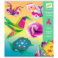 Cover of "Djeco Origami - Tropics" by DJECO, showcasing vivid neon origami designs of a butterfly, hummingbird, flower, and turtle set against a gradient background. The bottom right corner highlights folded papers in an array of lively patterns. Ideal as an origami set for kids. Contains a multilingual title.