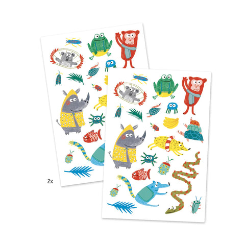 The Djeco Tattoos - Animal Snouts by DJECO feature two sheets of colorful tattoos depicting fun animals such as a koala, frog, monkey, rhino, turtle, snake, and various insects. Each animal is illustrated with playful expressions and vibrant colors, wearing different accessories. Blue leaves and feathers are scattered around the designs.