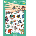 A package of Djeco Tattoos - Heroes vs Villains by DJECO offers over 50 different colorful cartoon characters and designs. The packaging features playful scenes with characters dressed as superheroes, aliens, and robots. Dermatologically tested for safe use on all skin types—perfect for any dress-up box.