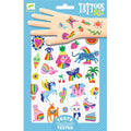 A collection of colorful temporary tattoos is shown, featuring various designs including animals, fruit, rainbows, and fantasy elements. The packaging of the Djeco Tattoos - Rainbow by DJECO mentions "Tattoos 50+" and "Tested dermatologically," with vibrant neon pink details. An image of an arm displaying some of the rainbow-colored tattoos is also included.