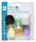 An EC First Creations Easi-Grip Texture Brushes - Set of 3 for children aged 12 months and up. These brushes from Early Creations feature rounded handles in green, light purple, and yellow, offering a unique sensory experience with their textured painting heads: black bristles, natural sponge, and white foam.