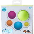 Image of a toy package from Fat Brain Toys, featuring the Dimpl toy. The package showcases the sensory toy with five vibrant silicone bubbles of varying sizes set in a white plastic frame, designed for tactile development. It is labeled as BPA Free and suitable for children aged 6 months and older.