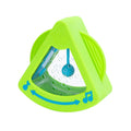 The Fat Brain Toys Tobble Tones by Fat Brain Toys is a triangular, lime green baby toy crafted for sensory learning. It has a clear window that reveals small beads inside and comes with a blue handle for shaking. Musical notes printed on the bottom section indicate it makes sounds when shaken, making it perfect for cause-and-effect learning.