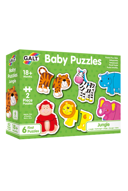 A box of Galt Baby Puzzles - Jungle 2pc, designed for children aged 18 months and older. This set from Galt includes six 2-piece puzzles featuring colorful jungle animals such as a tiger, zebra, hippo, lion, elephant, and an explorer. Perfect for developing early matching skills and manual dexterity, the green box showcases vibrant illustrations of each puzzle piece.