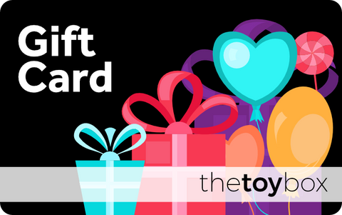 Gift Card for "The Toybox NZ Ltd" showcases vibrant presents, balloons, and a heart-shaped balloon set against a black background. Experience easy online redemption and worry-free delivery with the Gift Card from The Toybox NZ Ltd.