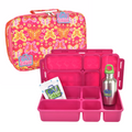 The Go Green Value Bundle - Butterfly Bash by Go Green includes a brightly colored, earth-friendly set featuring a pink, sectioned lunchbox with individual compartments and a matching pink lid, a small green-capped stainless steel bottle, and an insulated lunch bag adorned with a butterfly design.