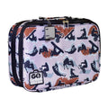 The Go Green Value Bundle - Extreme is a rectangular insulated carry bag with a zipper, featuring an outdoor adventure-themed print with silhouettes of bears, bicycles, and snowboarding. It includes a name tag holder, a "Go Green" patch, and a handle on top. This eco-friendly lunch box comes in shades of blue, brown, and white.