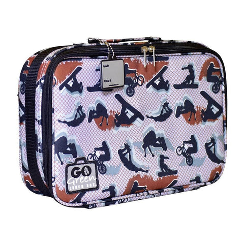 The Go Green Value Bundle - Extreme is a rectangular insulated carry bag with a zipper, featuring an outdoor adventure-themed print with silhouettes of bears, bicycles, and snowboarding. It includes a name tag holder, a "Go Green" patch, and a handle on top. This eco-friendly lunch box comes in shades of blue, brown, and white.