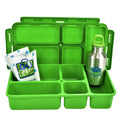 A green, eco-friendly lunchbox with multiple compartments is shown open with various items inside. One compartment holds an ice gel pack labeled "Go Green Value Bundle - Extreme," and another contains a stainless steel bottle with a green cap labeled "Go Green." This leak-proof food storage from Go Green makes packing meals easy and reliable.