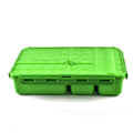 The Go Green Value Bundle - Extreme by Go Green is a green plastic lunchbox with a textured lid and multiple compartments inside. It features a small handle on the lid for easy carrying and clips securely at the edges. This eco-friendly lunchbox boasts a modern design with a sleek, compact shape, ensuring both style and functionality.