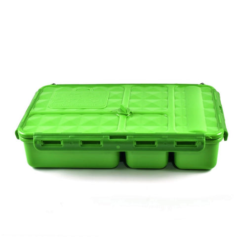 The Go Green Value Bundle - Extreme by Go Green is a green plastic lunchbox with a textured lid and multiple compartments inside. It features a small handle on the lid for easy carrying and clips securely at the edges. This eco-friendly lunchbox boasts a modern design with a sleek, compact shape, ensuring both style and functionality.