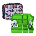 A Go Green Value Bundle - Extreme lunchbox in green, featuring multiple compartments, is open to reveal a Go Green reusable ice pack and a stainless steel water bottle. Behind it, an insulated carry bag adorned with an alphabet print showcases letters and various designs in blue, brown, and white.